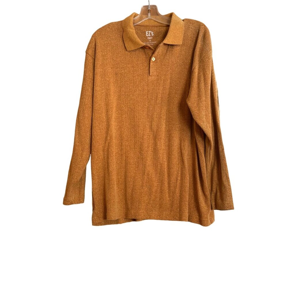 Vintage EZs Mens Long Sleeve‎ Knit Polo Grandpa Shirt Retro Leisure Brown